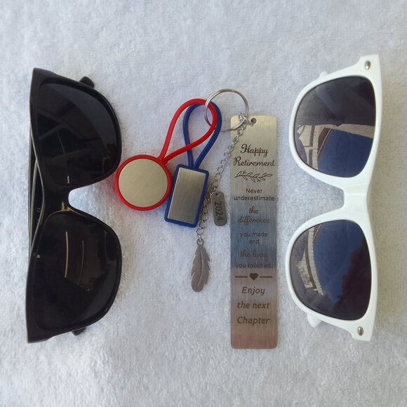Retirement souvenir SILVER pkg: sterling silver-925, 2 sunglass, keychains, etc.